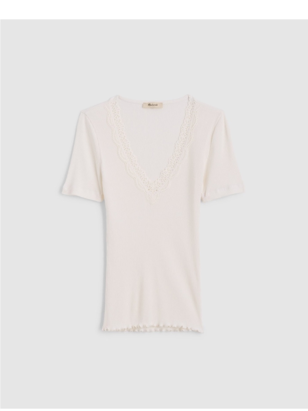 Cream Winter White Ribbed V-Neck Tee with Lace Trim NY958 X-Large